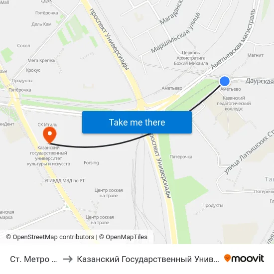 Ст. Метро Аметьево-2 to Казанский Государственный Университет Культуры И Искусств map