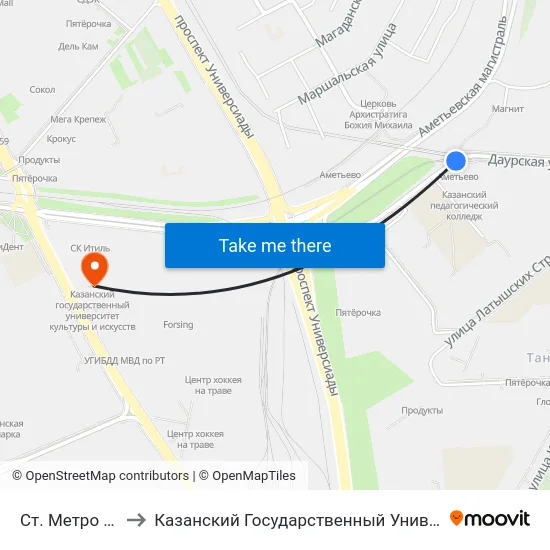 Ст. Метро Аметьево-1 to Казанский Государственный Университет Культуры И Искусств map