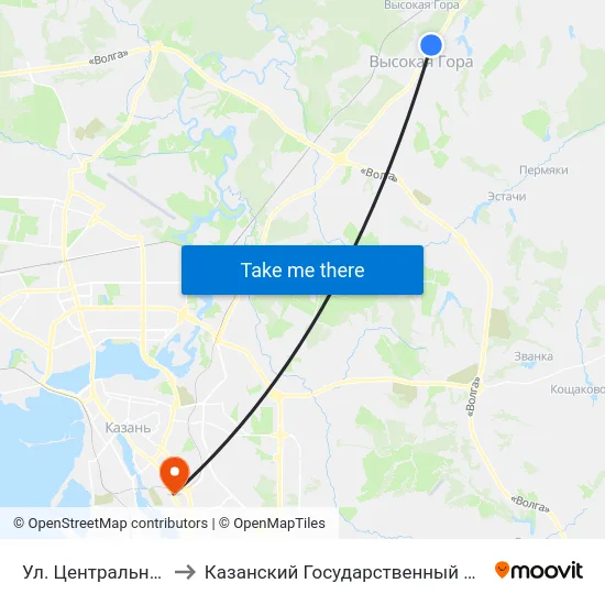 Ул. Центральная (Высокая Гора) to Казанский Государственный Университет Культуры И Искусств map