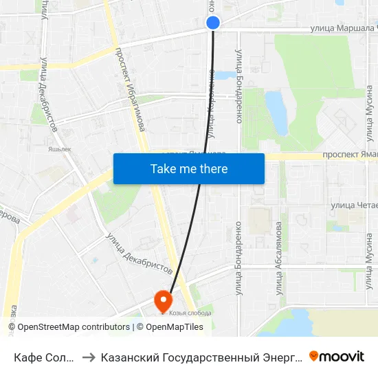 Кафе Солнышко-2 to Казанский Государственный Энергетический Университет map