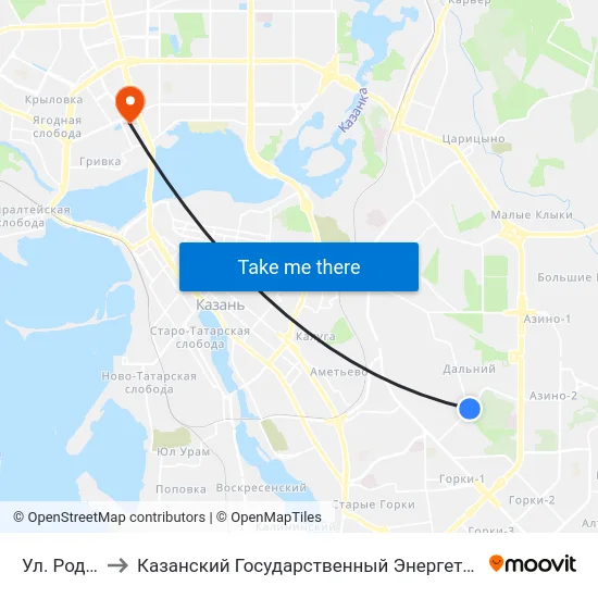 Ул. Родины-1 to Казанский Государственный Энергетический Университет map