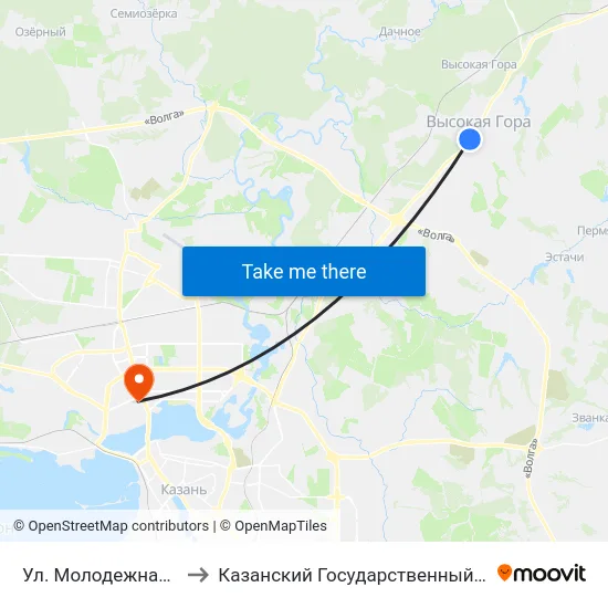 Ул. Молодежная (Высокая Гора)-1 to Казанский Государственный Энергетический Университет map