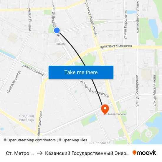 Ст. Метро Яшьлек-1 to Казанский Государственный Энергетический Университет map