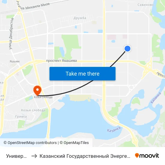 Универсам 1-1 to Казанский Государственный Энергетический Университет map