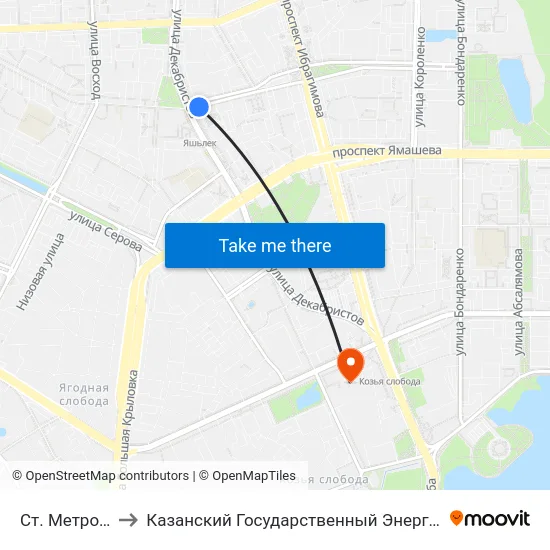 Ст. Метро Яшьлек to Казанский Государственный Энергетический Университет map