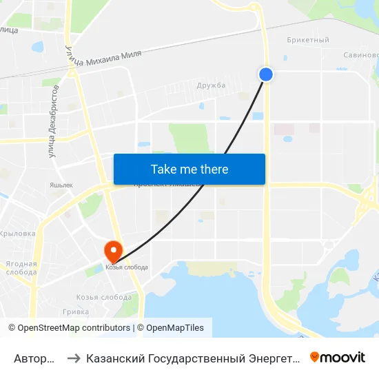 Авторынок-1 to Казанский Государственный Энергетический Университет map