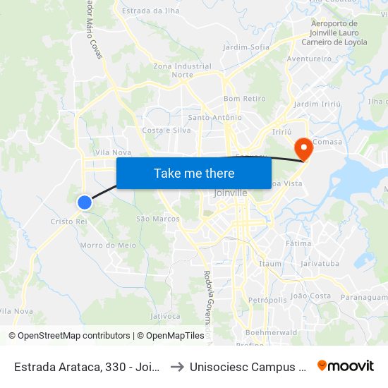 Estrada Arataca, 330 - Joinville to Unisociesc Campus Park map