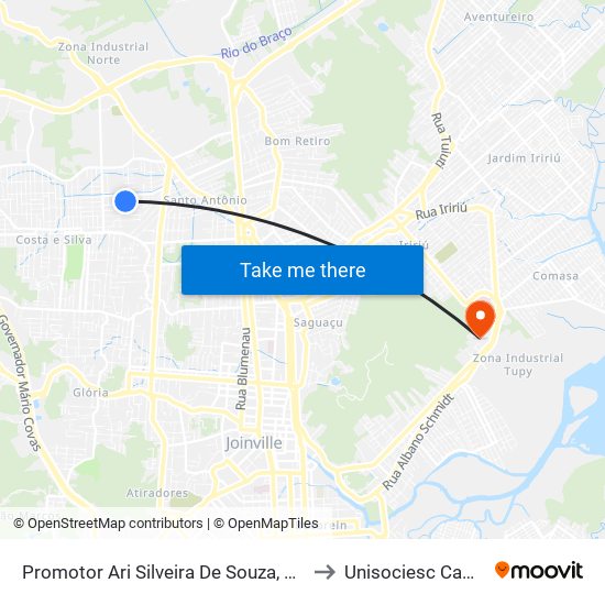 Promotor Ari Silveira De Souza, 547 - Costa E Silva to Unisociesc Campus Park map