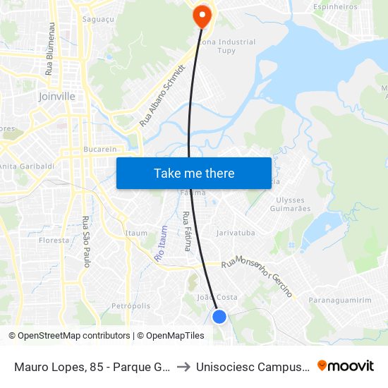 Mauro Lopes, 85 - Parque Guaraní to Unisociesc Campus Park map
