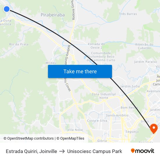 Estrada Quiriri, Joinville to Unisociesc Campus Park map