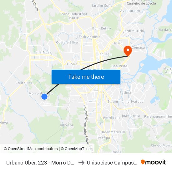 Urbâno Uber, 223 - Morro Do Meio to Unisociesc Campus Park map