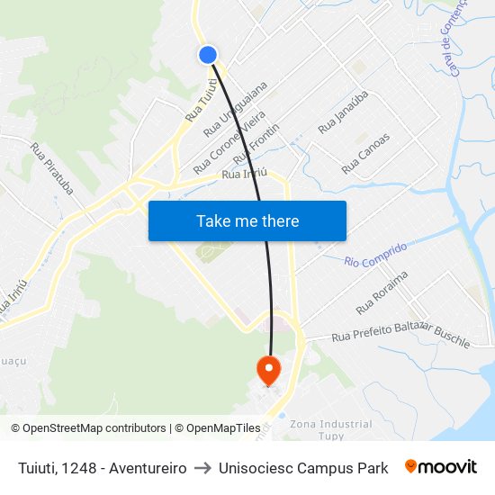 Tuiuti, 1248 - Aventureiro to Unisociesc Campus Park map