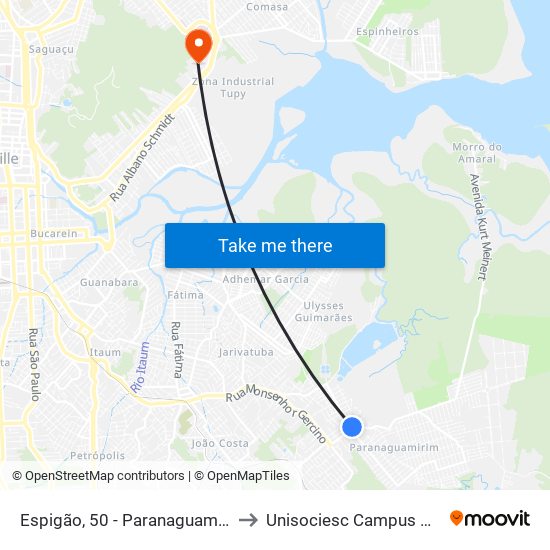 Espigão, 50 - Paranaguamirim to Unisociesc Campus Park map