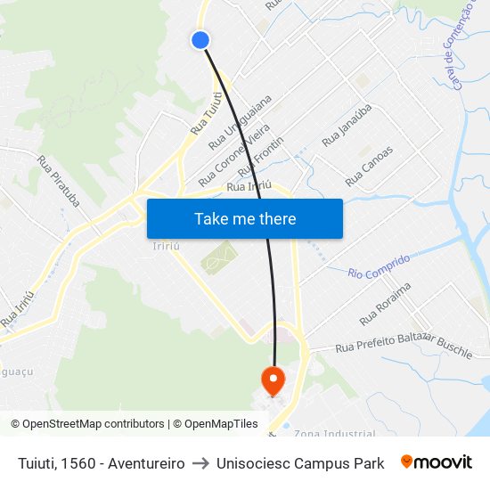 Tuiuti, 1560 - Aventureiro to Unisociesc Campus Park map