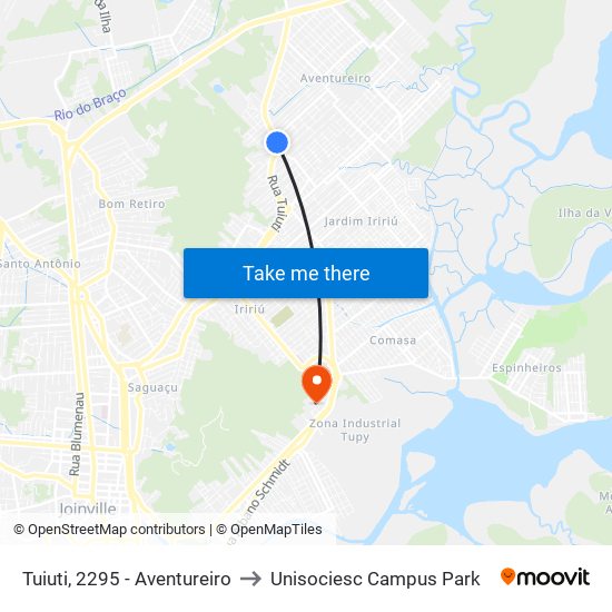 Tuiuti, 2295 - Aventureiro to Unisociesc Campus Park map