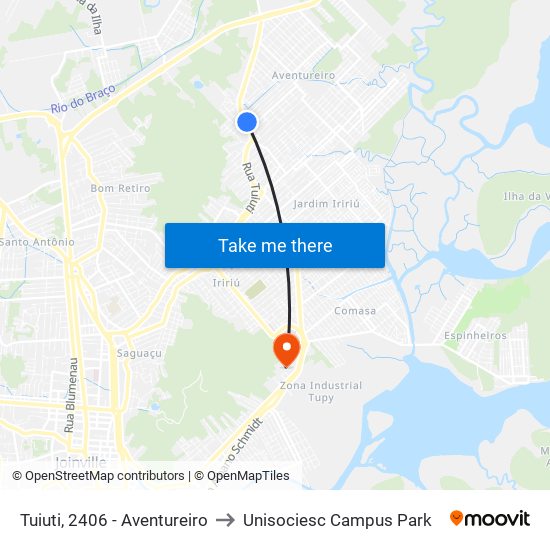 Tuiuti, 2406 - Aventureiro to Unisociesc Campus Park map
