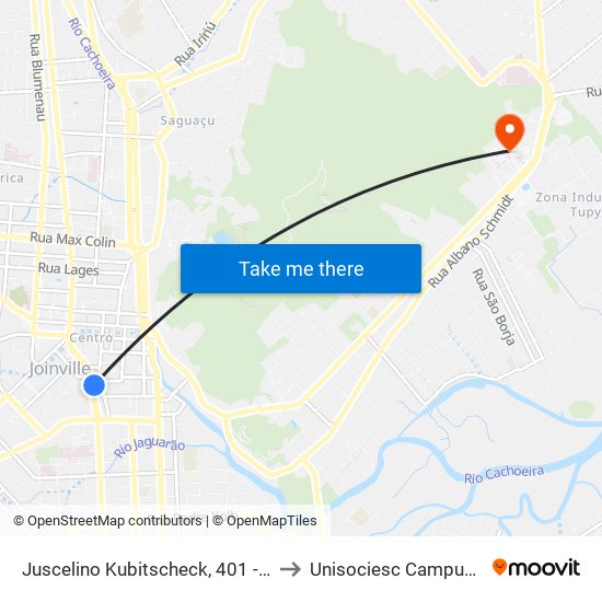 Juscelino Kubitscheck, 401 - Centro to Unisociesc Campus Park map