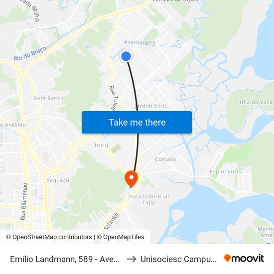 Emílio Landmann, 589 - Aventureiro to Unisociesc Campus Park map