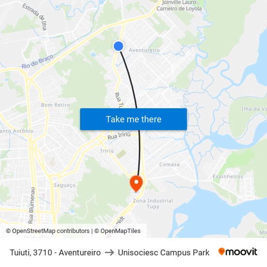 Tuiuti, 3710 - Aventureiro to Unisociesc Campus Park map