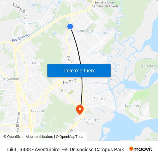 Tuiuti, 3888 - Aventureiro to Unisociesc Campus Park map