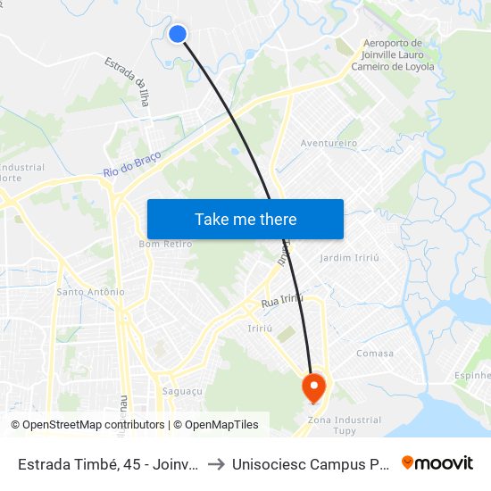 Estrada Timbé, 45 - Joinville to Unisociesc Campus Park map