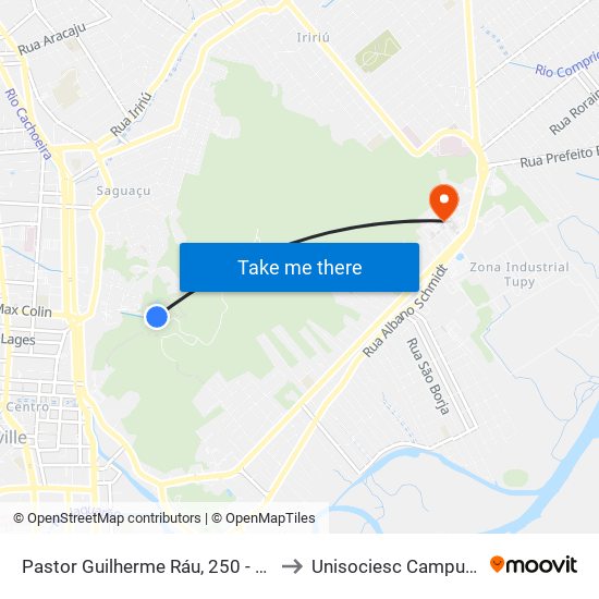 Pastor Guilherme Ráu, 250 - Saguaçu to Unisociesc Campus Park map