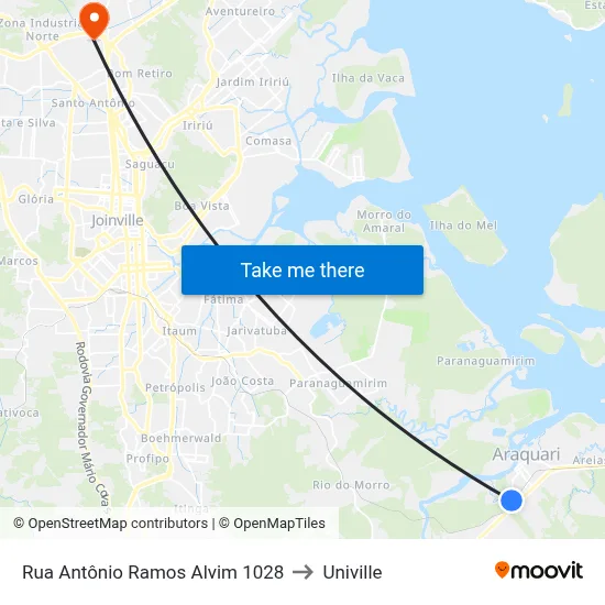Rua Antônio Ramos Alvim 1028 to Univille map