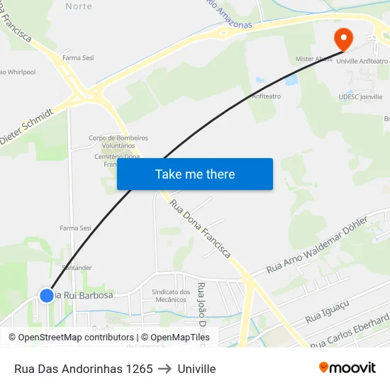 Rua Das Andorinhas 1265 to Univille map