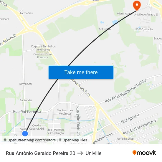 Rua Antônio Geraldo Pereira 20 to Univille map