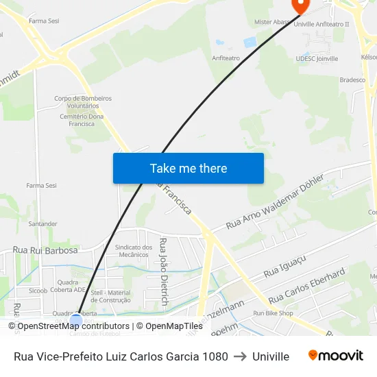 Rua Vice-Prefeito Luiz Carlos Garcia 1080 to Univille map