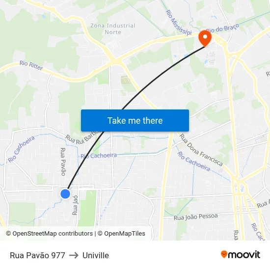 Rua Pavão 977 to Univille map