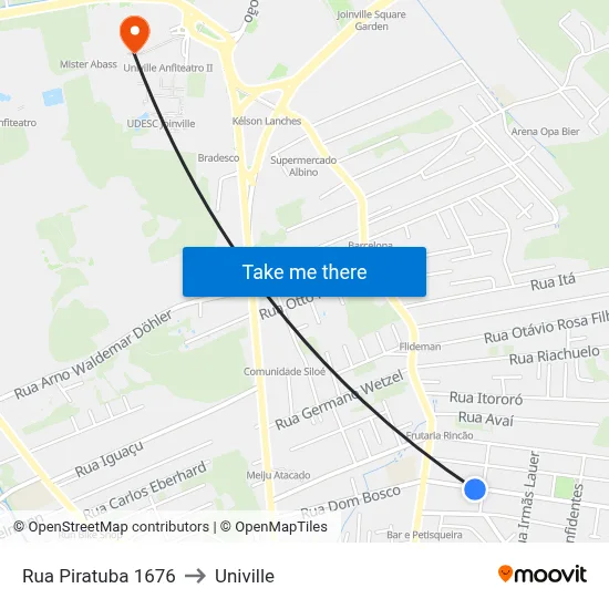 Rua Piratuba 1676 to Univille map