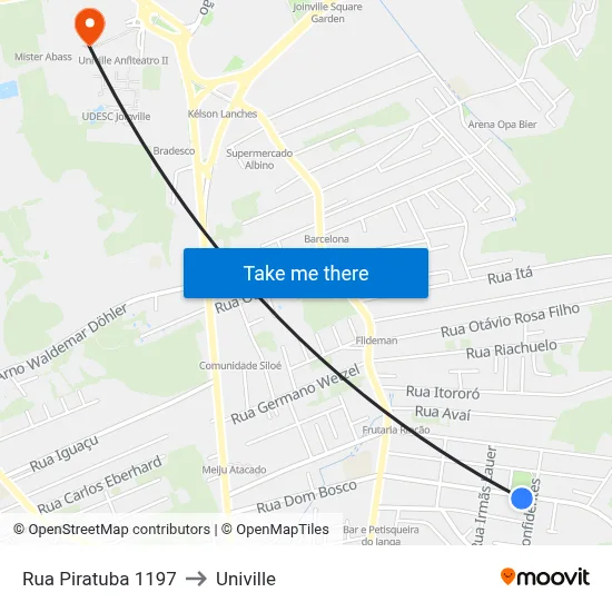 Rua Piratuba 1197 to Univille map
