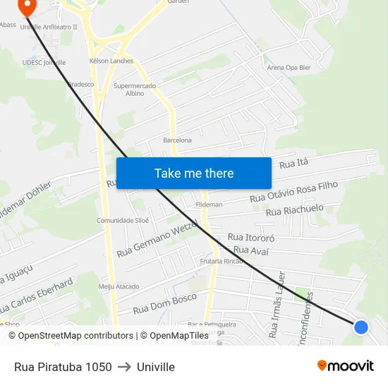 Rua Piratuba 1050 to Univille map
