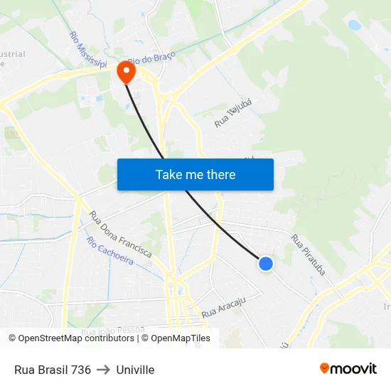 Rua Brasil 736 to Univille map