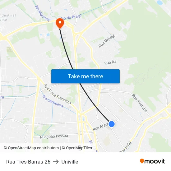 Rua Três Barras 26 to Univille map