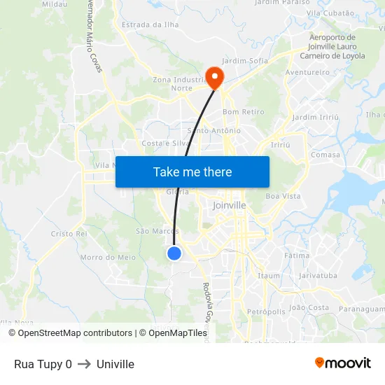 Rua Tupy 0 to Univille map