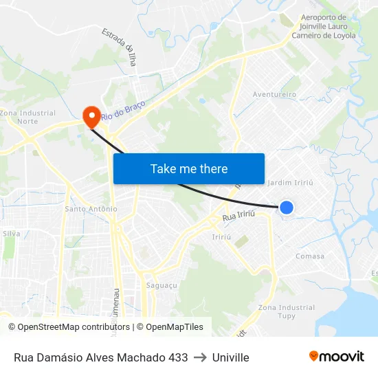 Rua Damásio Alves Machado 433 to Univille map