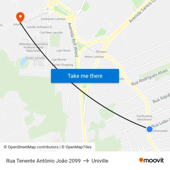 Rua Tenente Antônio João 2099 to Univille map