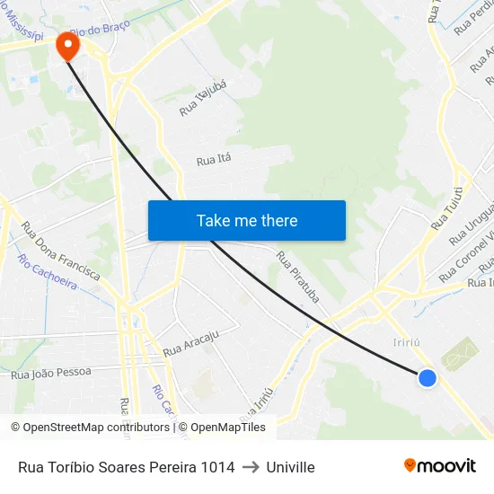Rua Toríbio Soares Pereira 1014 to Univille map