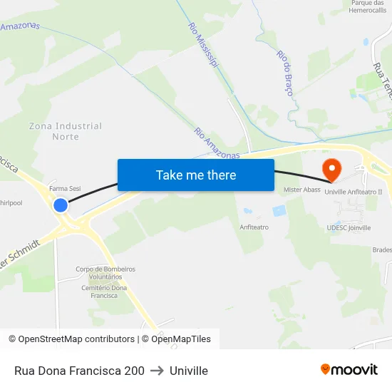 Rua Dona Francisca 200 to Univille map