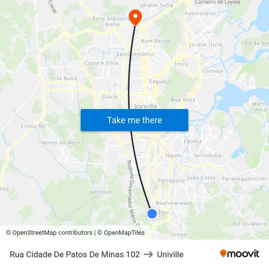 Rua Cidade De Patos De Minas 102 to Univille map