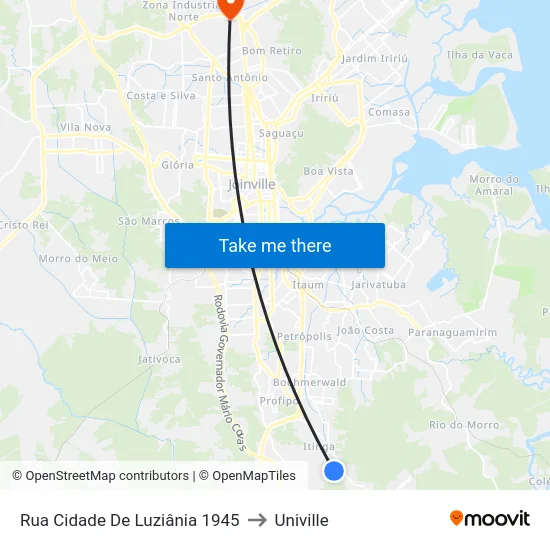 Rua Cidade De Luziânia 1945 to Univille map