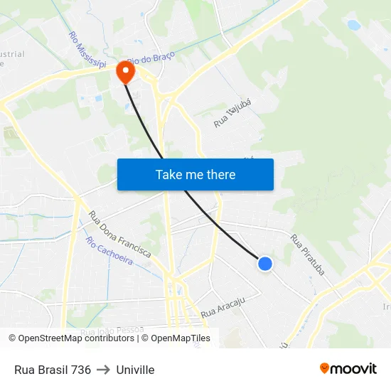 Rua Brasil 736 to Univille map