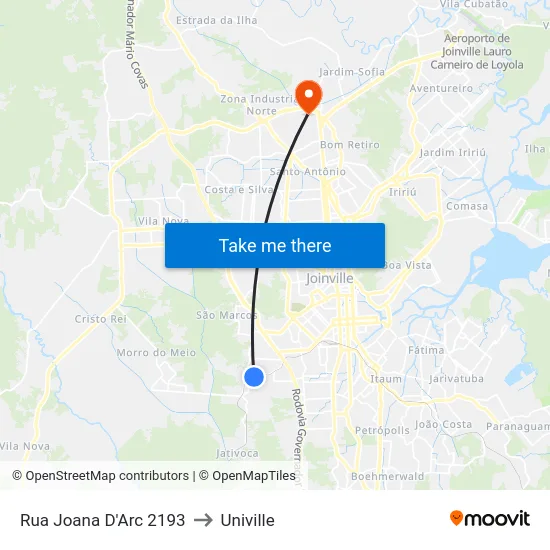 Rua Joana D'Arc 2193 to Univille map