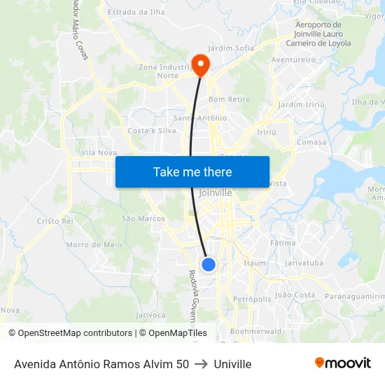 Avenida Antônio Ramos Alvim 50 to Univille map