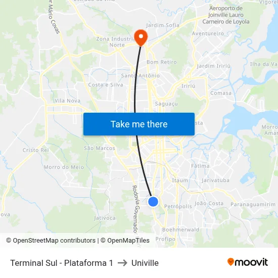 Terminal Sul - Plataforma 1 to Univille map