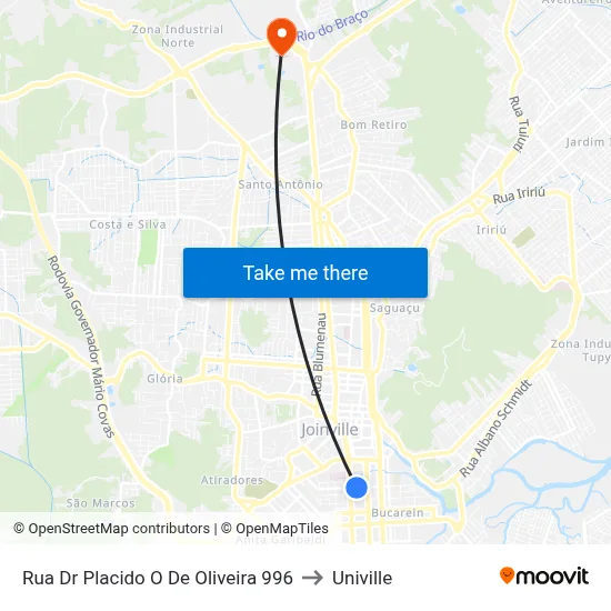 Rua Dr Placido O De Oliveira 996 to Univille map