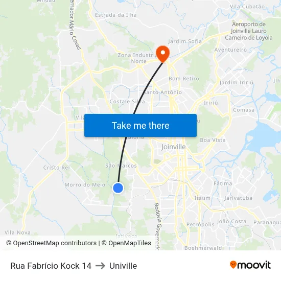 Rua Fabrício Kock 14 to Univille map