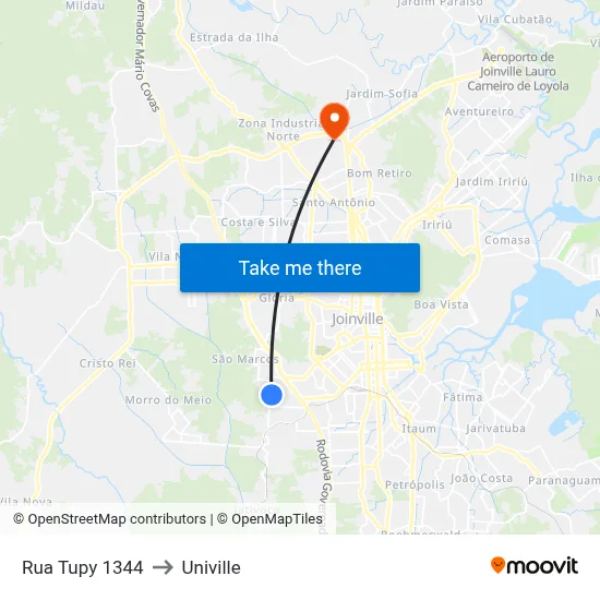 Rua Tupy 1344 to Univille map